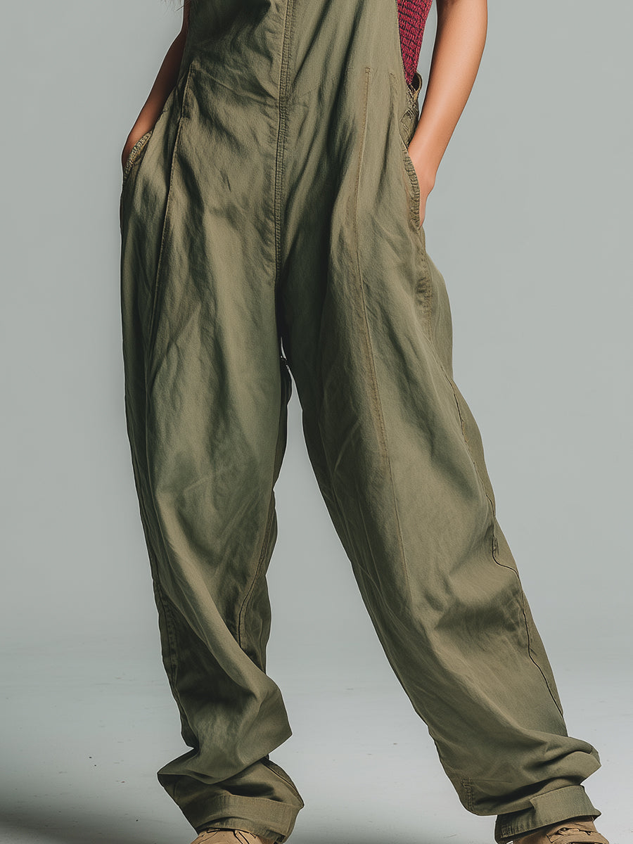 Casual And Stylish Olive Green Washed Cotton Overalls