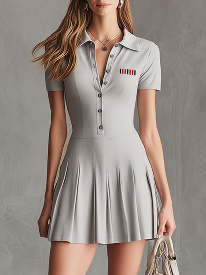 Sporty Retro Light Gray Striped Embroidered Short-sleeved Pleated Mini Dress