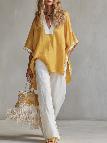 Minimalist Urban Style Color-blocked Cotton And Linen T-shirt And Wide-leg Pants Set