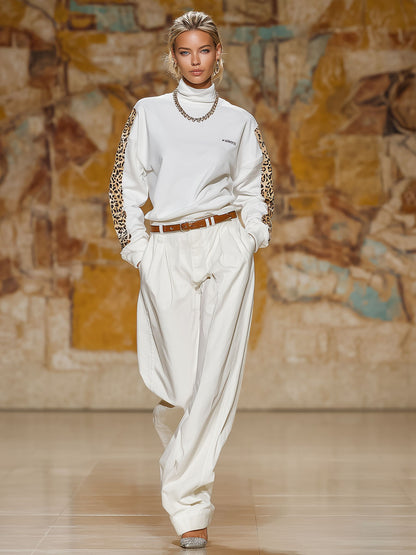 Loose-fitting High-neck Sweatshirt And Cotton And Linen Wide-leg Trousers Set