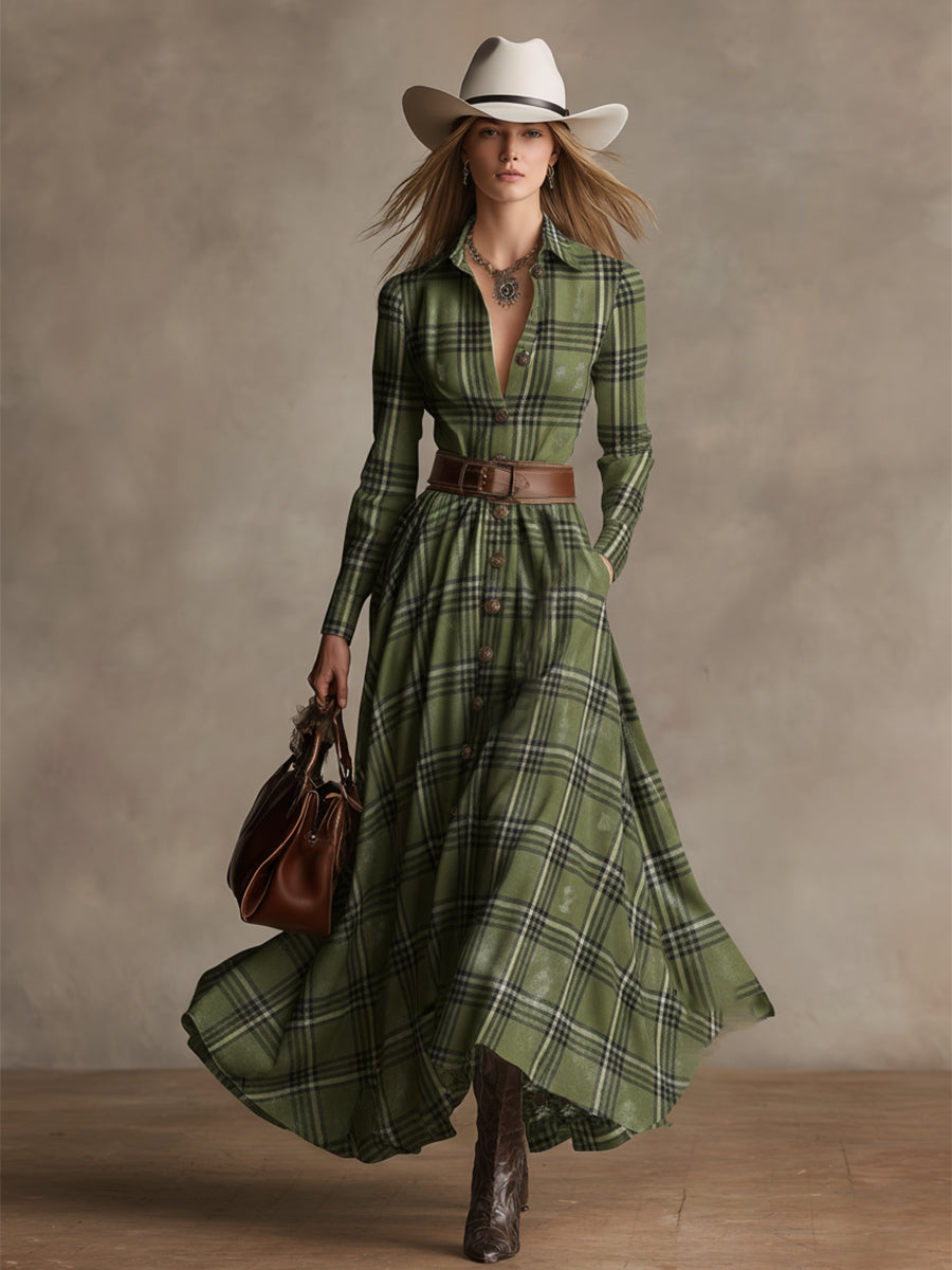 Vintage Bohemian Distressed Green Plaid Lapel Button-down Maxi Dress