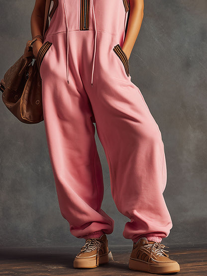 Sporty Retro Ribbon Embroidered Pink Cotton Blend Sleeveless Hooded Jumpsuit