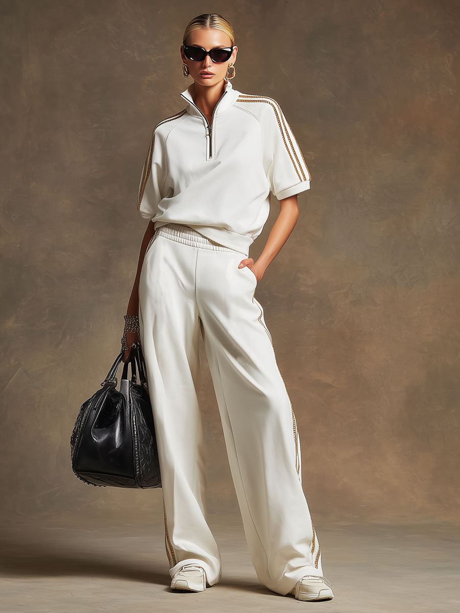 Casual Sporty Retro Gold Ribbon White Short-Sleeve Sweatshirt And Wide-Leg Pants Set