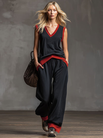 Loose-fitting Color-blocked V-neck Sleeveless Top And Pants Set
