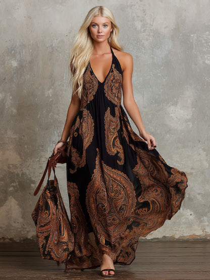 V-neck Paisley Print Chiffon Sleeveless Maxi Dress