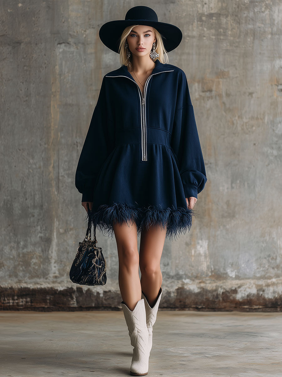 Fashionable Sporty Blue Faux Feather Embellished Mini Dress