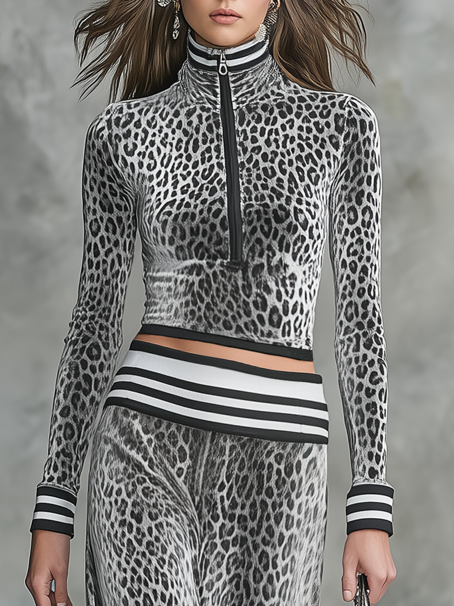 Retro Zip-up Stand-collar Leopard Print Velvet Top And Long Skirt Set
