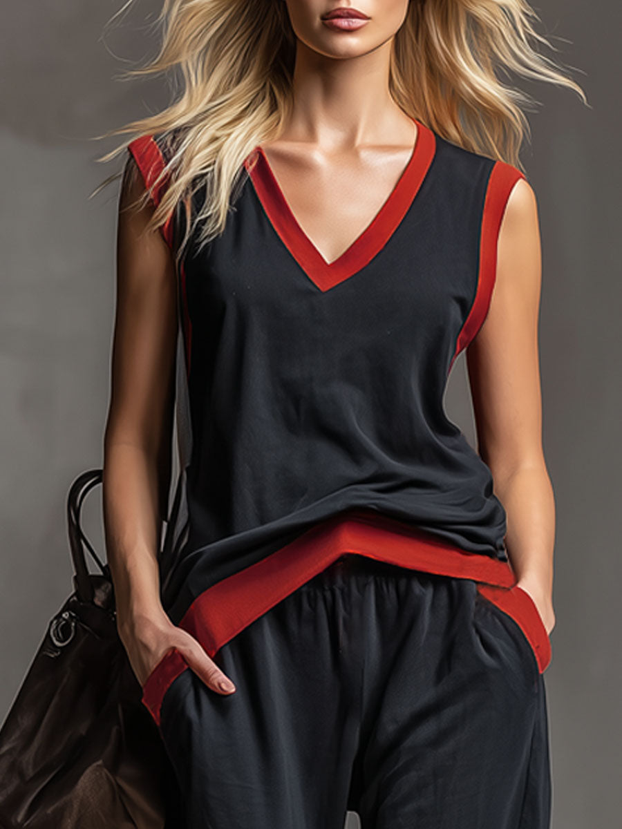 Loose-fitting Color-blocked V-neck Sleeveless Top And Pants Set
