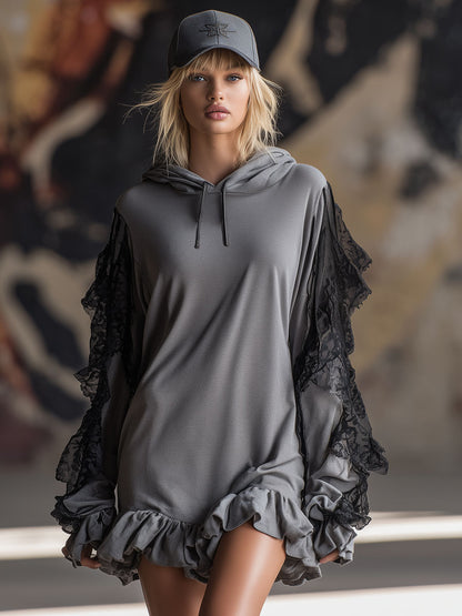 Loose-fitting Hooded Lace-trimmed Long-sleeved Sporty Mini Dress