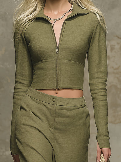 Western-style Olive Green Linen Zip-up Top And Wide-leg Pants Set
