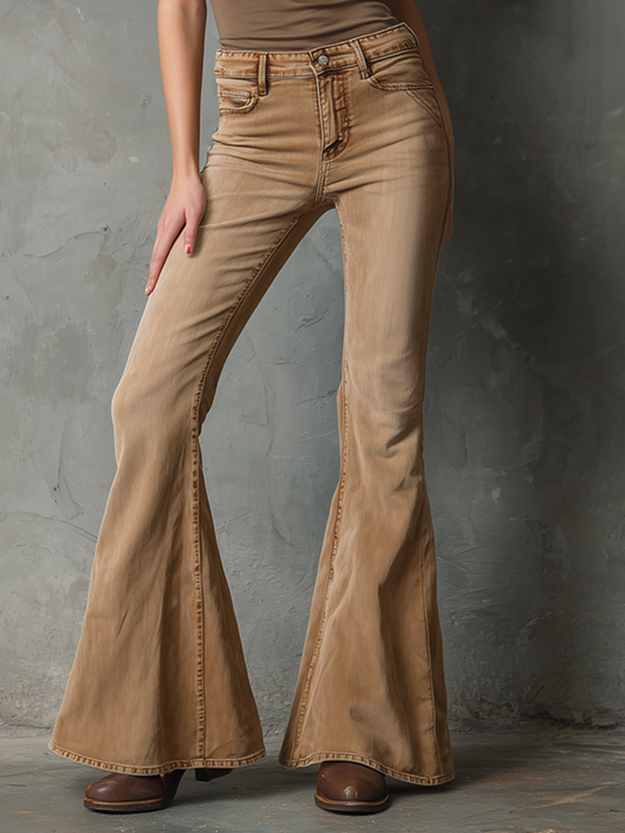 Stylish And Retro Versatile Khaki Denim Flared Pants