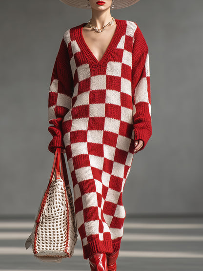 Elegant Red And White Checkered Knit Midi Dress