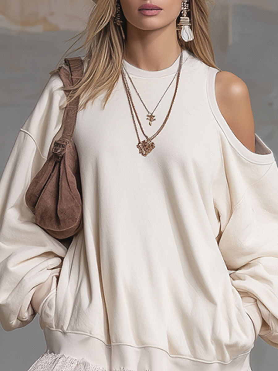 Loose Sporty Round Neck Off-the-shoulder Long-sleeved Mini Dress