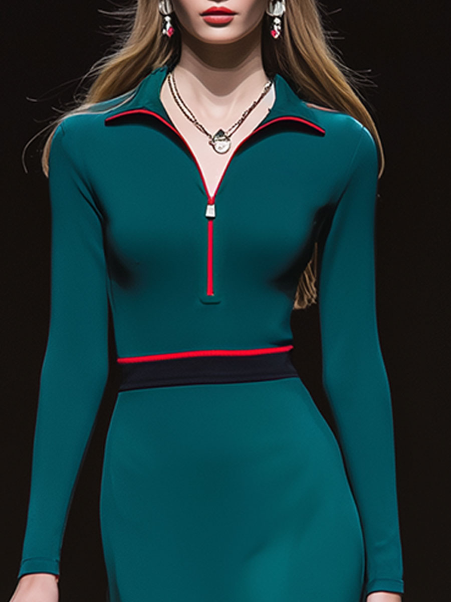 Casual Sporty Blue Collared Zip-up Midi Dress