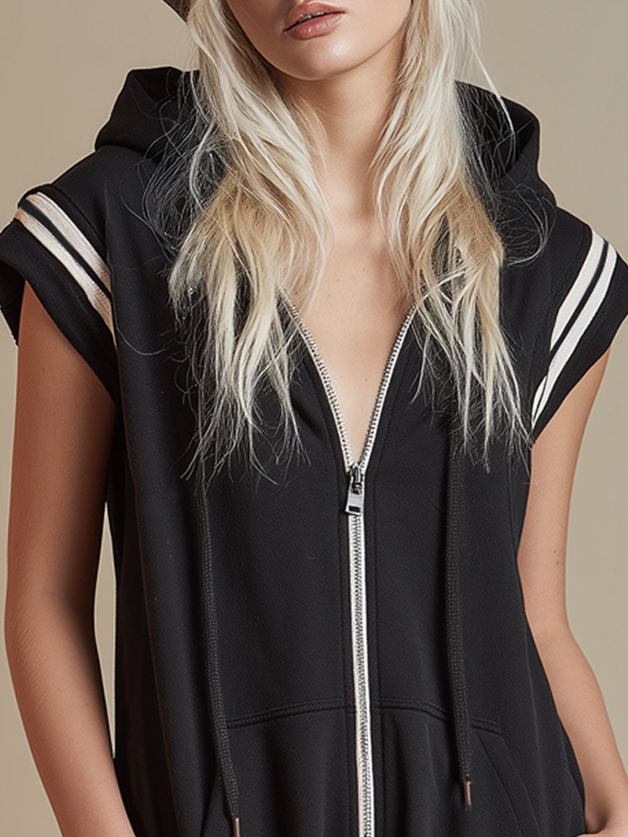 Color-blocked Trim Zippered Short-sleeved Hooded Short Jumpsuit