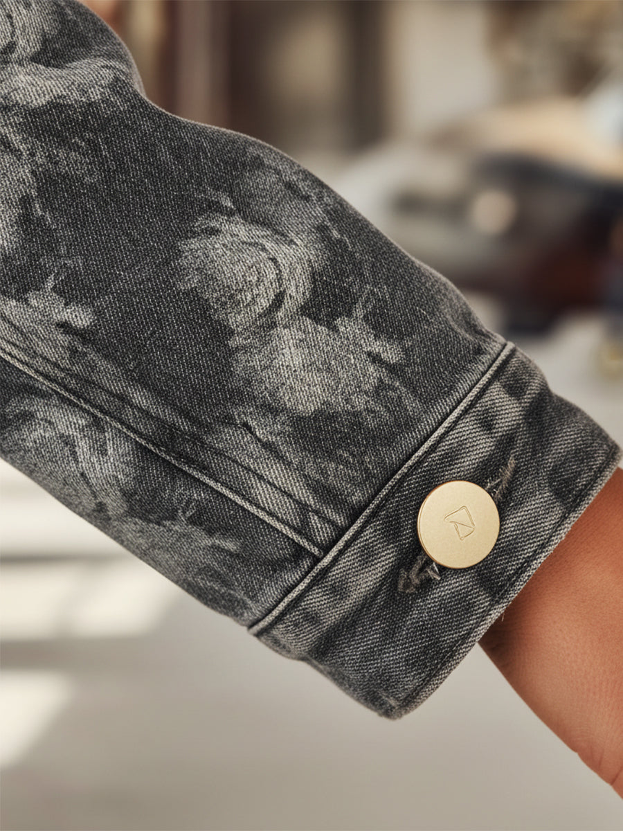 Casual And Stylish Rose Print Gray Denim Cropped Jacket