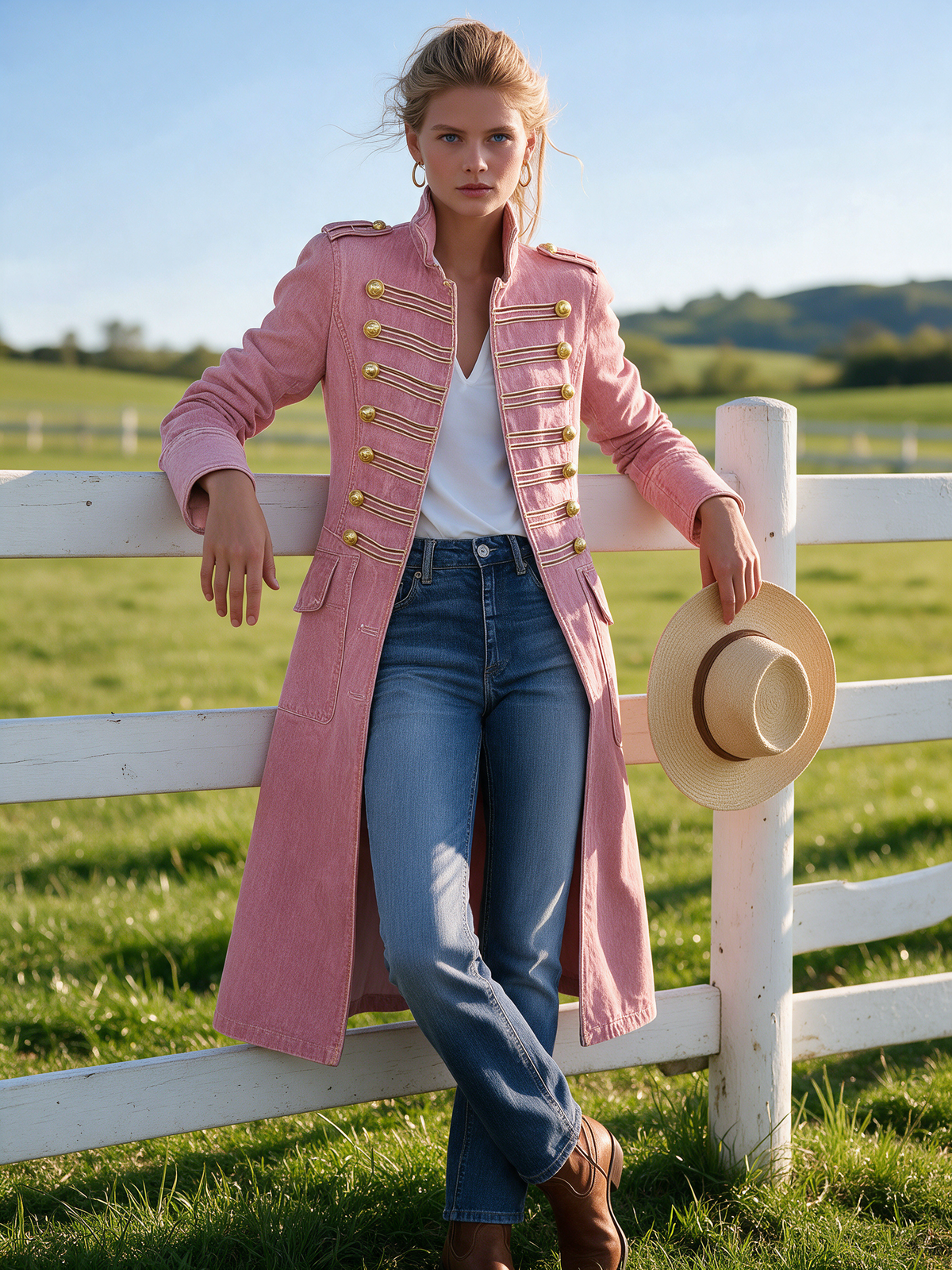 Vintage Washed Denim Military Officer Longline Gold-Button Fitted Statement Coat Women