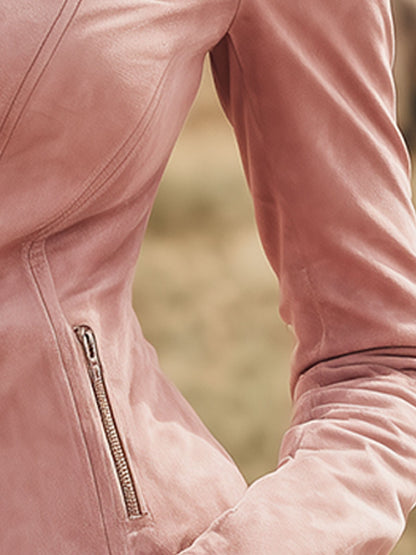 Retro Western Style Zippered Collar Pink Faux Suede Jacket