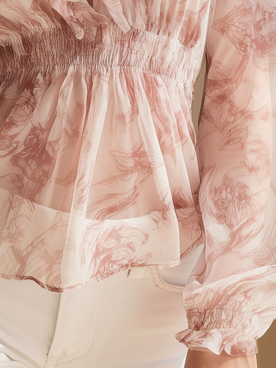 Stylish And Elegant Pink Rose Print Ruffled V-neck Chiffon Blouse
