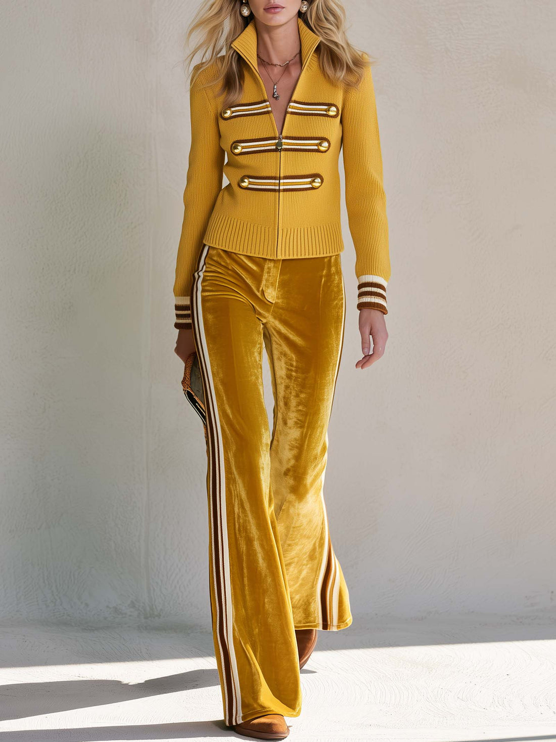 Retro Military Mustard Knit Zip-Up Cardigan And Side Stripe Velvet Flare Pants Set