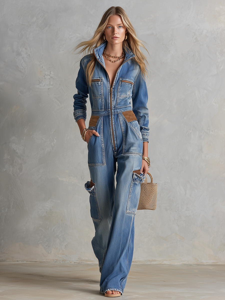Women’s Patchwork Cargo Denim Jumpsuit With Wide Legs