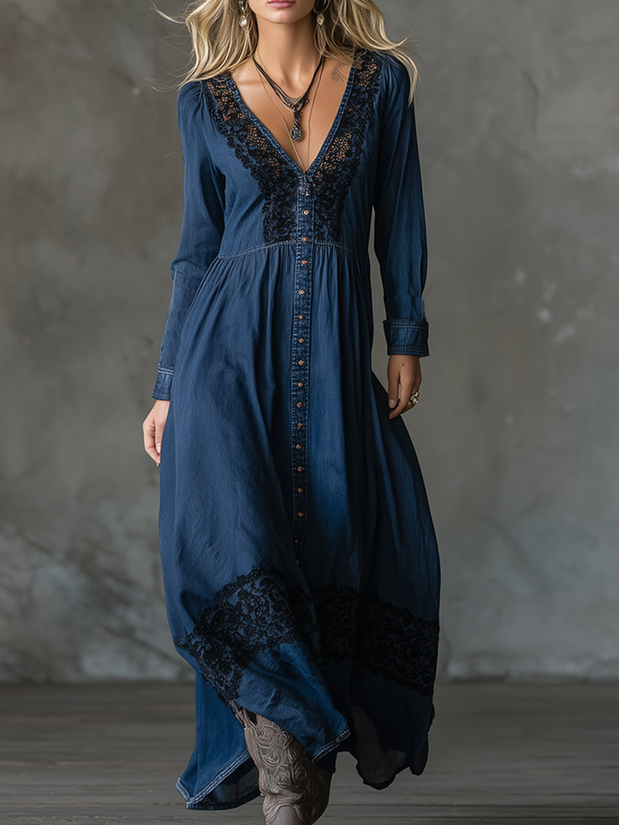 Elegant Loose-fitting Blue Denim Lace-trimmed Maxi Dress