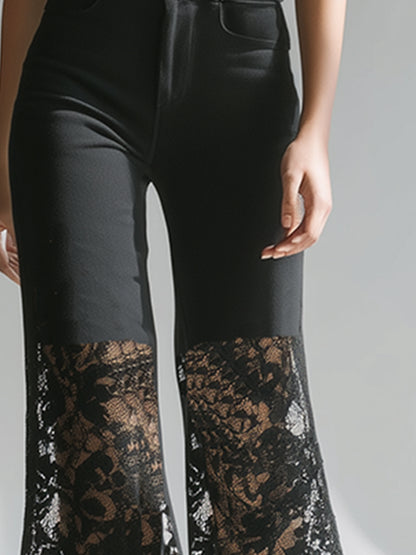 Elegant And Sophisticated Black Cotton Patchwork Lace Wide-leg Pants
