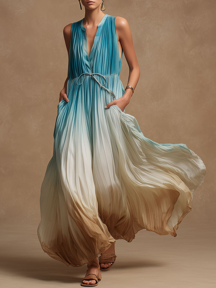 Vacation Retro Blue-Brown Gradient Pleated Chiffon Sleeveless Maxi Dress