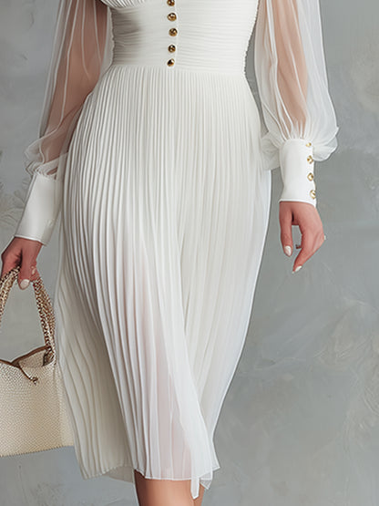 Exquisite And Elegant White Chiffon Pleated Midi Dress