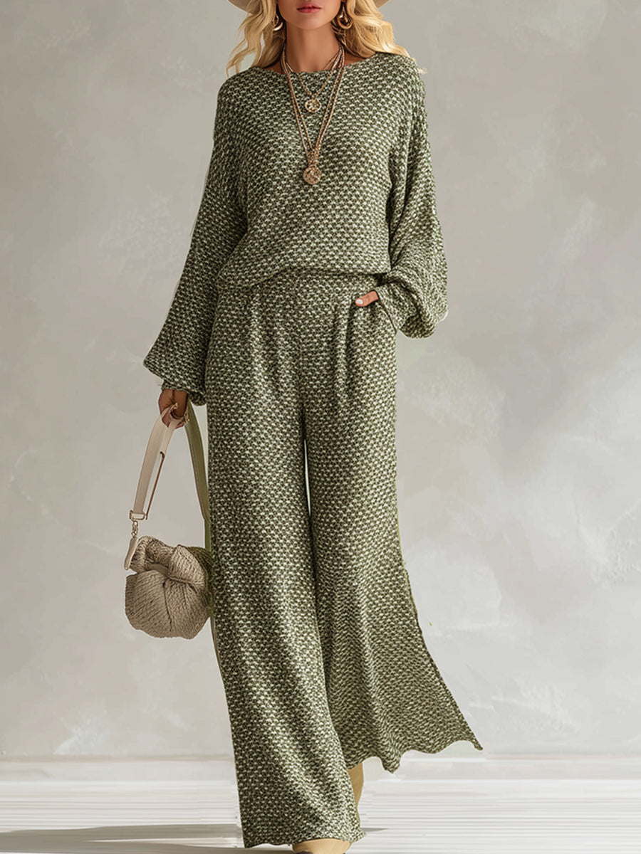 Elegant And Comfortable Olive Green Textured Thin Knit Top And Wide-leg Pants Set