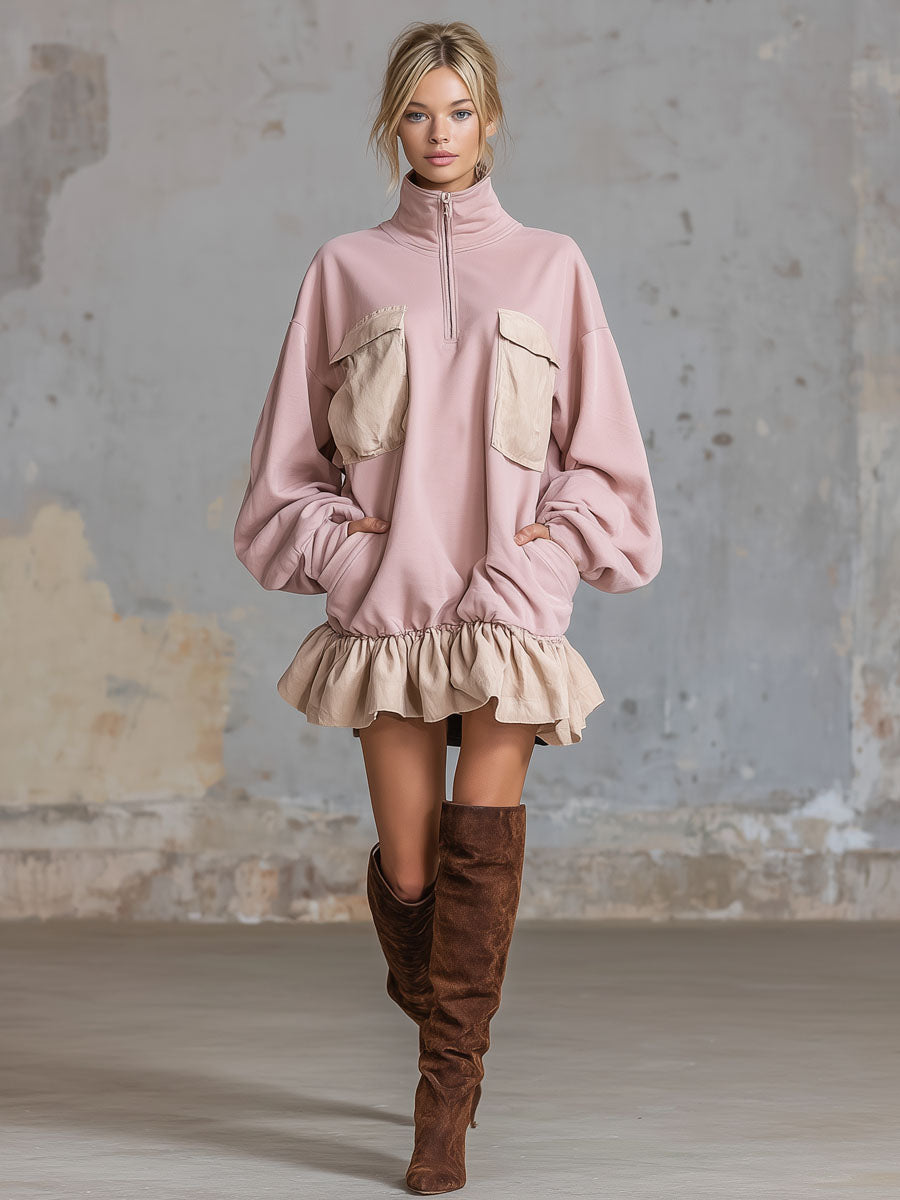 Loose-fitting Stand-collar Zip-up Pocket Long-sleeved Mini Dress