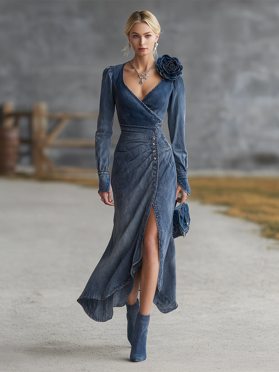 Elegant Retro Three-dimensional Floral Button Blue Denim Maxi Dress