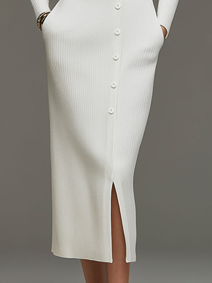 Fashionable Retro White Knitted Long-sleeved Slit Midi Dress