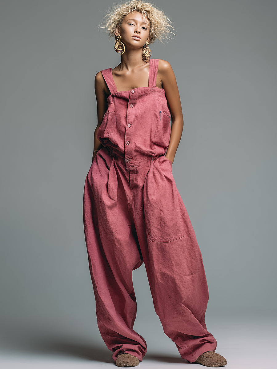 Casual Loose Gray-pink Cotton Linen Jumpsuit Overalls
