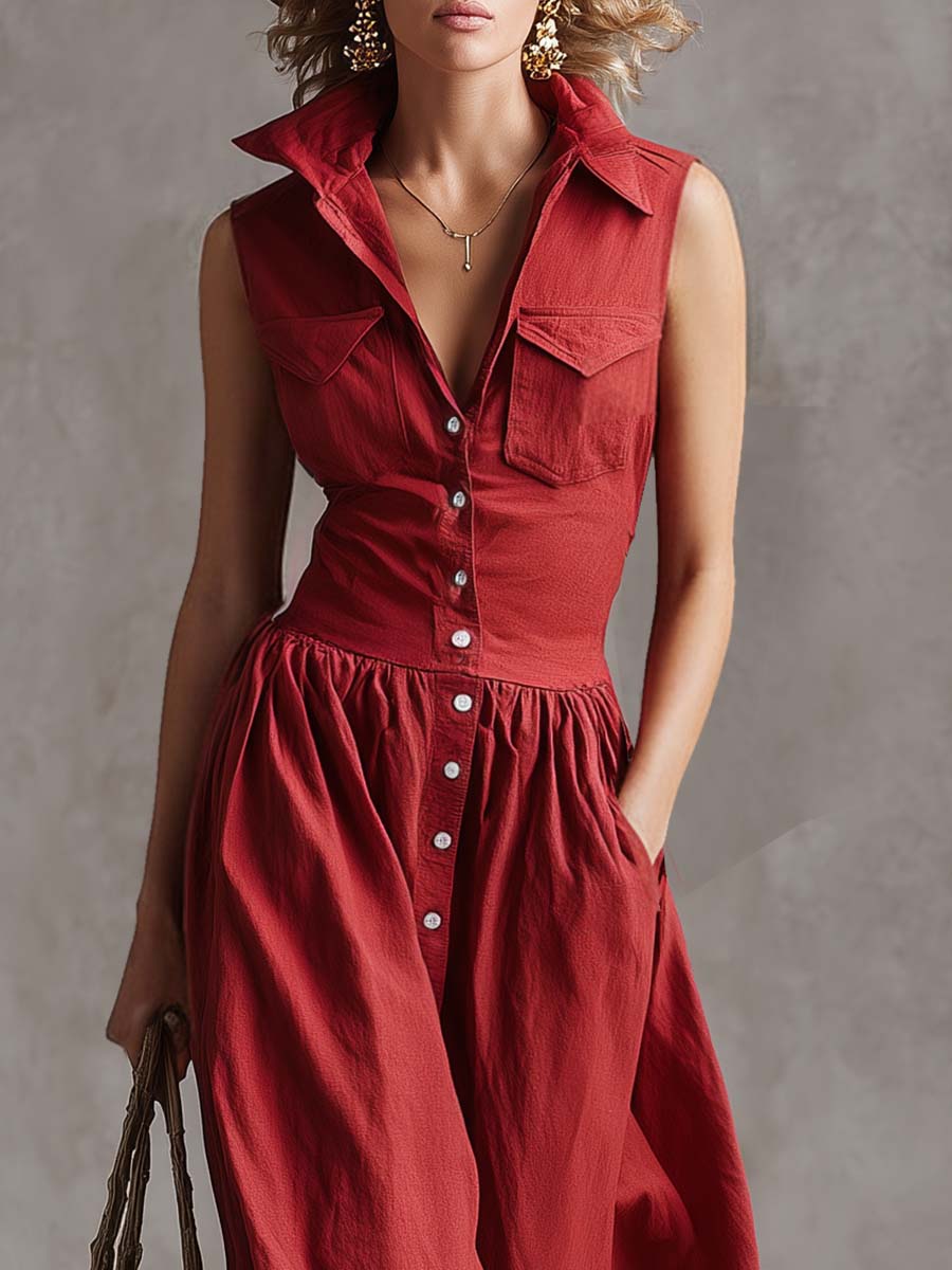 Retro Western Lapel Front Button Sleeveless Red Windbreaker Style Cotton And Linen Maxi Dress