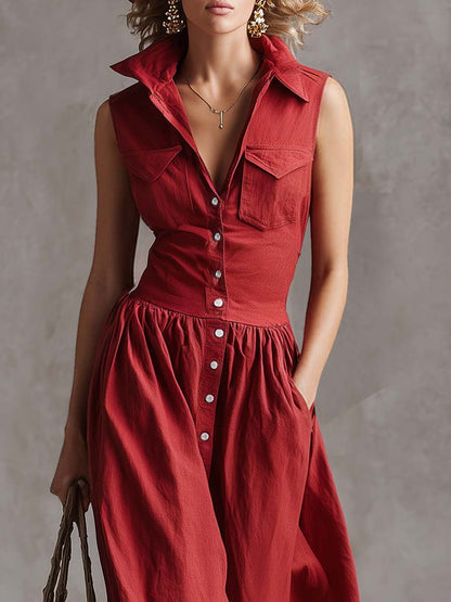 Retro Western Lapel Front Button Sleeveless Red Windbreaker Style Cotton And Linen Maxi Dress