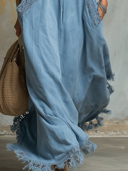Elegant And Sporty Tassel Trim Light Blue Hooded Cotton Maxi Dress