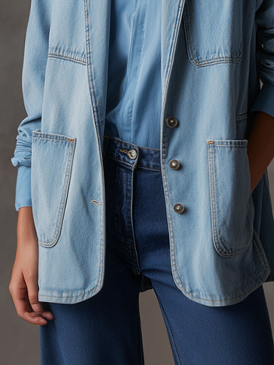 Casual Retro Multi-pocket Light Blue Denim Blazer
