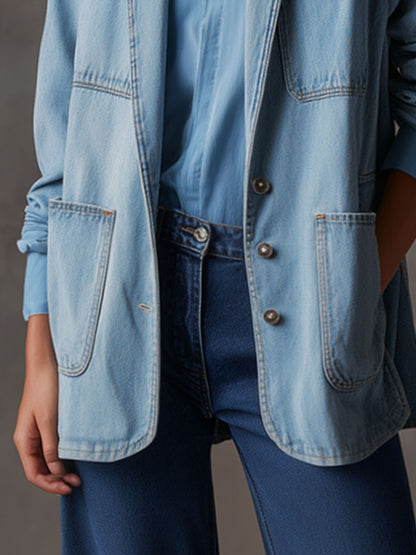 Casual Retro Multi-pocket Light Blue Denim Blazer