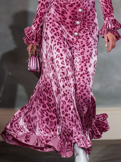 Round Neck Multi-button Leopard Print Ruffled Long-sleeved Maxi Dress