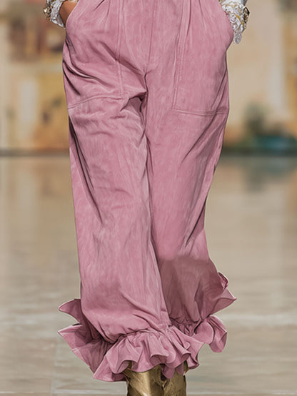 Pink Multi-pocket Ruffled Faux Suede Overalls