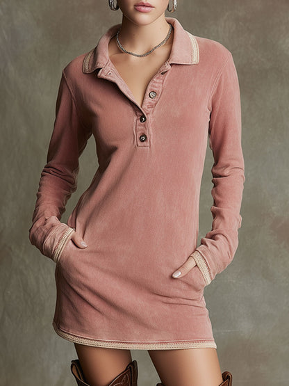 Retro-style Ribbon Long-sleeved Pink Washed Cotton Polo Mini Dress