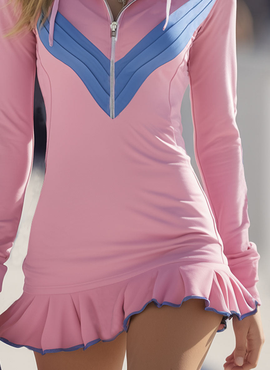 Pink Hooded Zip-up Ruffled Mini Dress