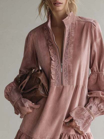Elegant Vintage Western Lapel Front-zip Lace Trim And Ruffled Hem Pink Suede Mini Dress
