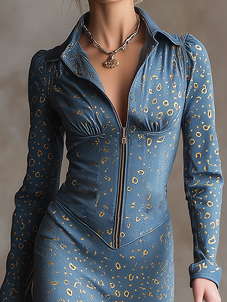 Elegant Urban Leopard Print Gold Foil Blue Tencel Denim Maxi Dress