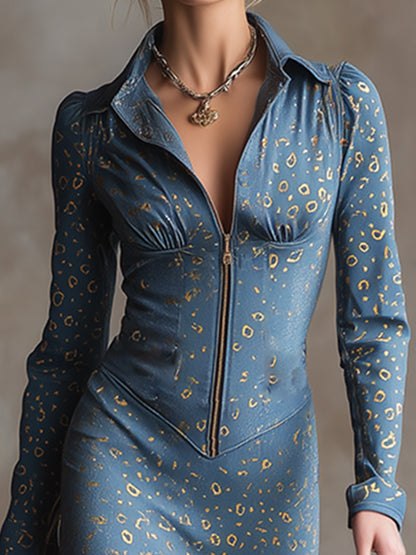 Elegant Urban Leopard Print Gold Foil Blue Tencel Denim Maxi Dress