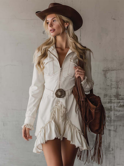 Retro And Stylish Lapel Collar Zip-up Ruffled Off-white Mini Dress