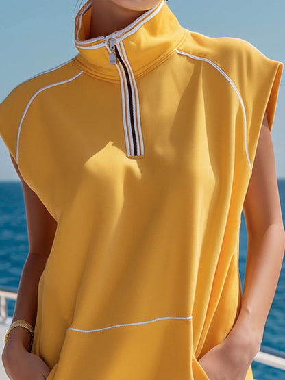 Color-blocked Trim Stand Collar Zip Closure Double Pockets Sleeveless Mini Dress