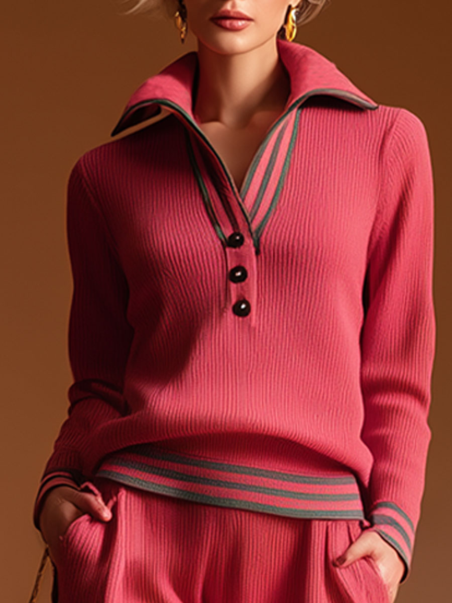 Casual Style Red Knitted Top And Wide-leg Pants Set