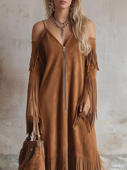 Western Style V-neck Zip-up Off-the-shoulder Fringe Long-sleeved Maxi Dress